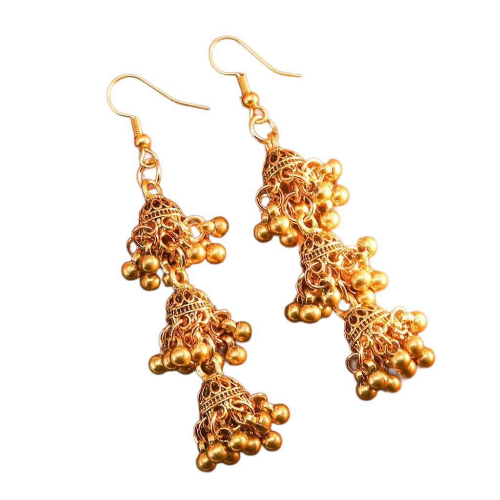 Pair Of Alloy Made Bohemian Style Dangling Earrings With Three Layer Hollow Out Bell Tassels For Versatile Outfits And Special Event
