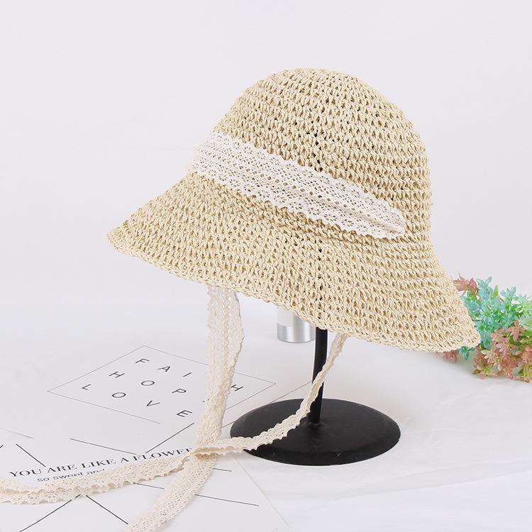 Literary straps Fisherman straw hat Women's sunscreen Crochet eaves Folding sun hat Lace streamer straw sun hat