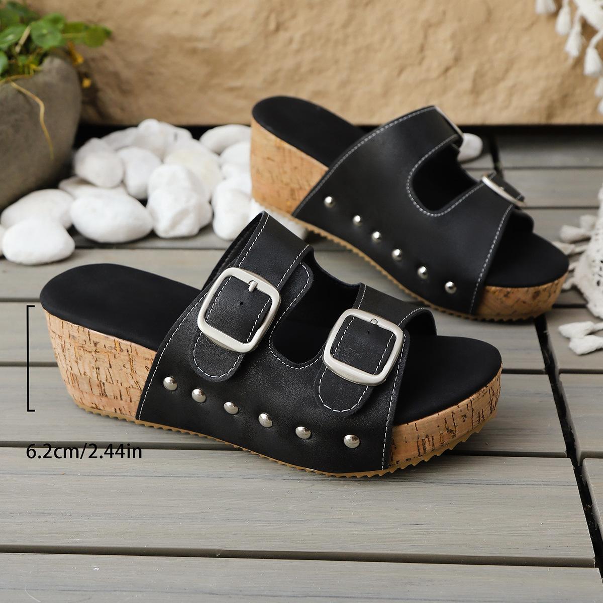 

2025 summer new muffin thick-soled sandals Korean version rivet belt buckle open-toed casual beach wedge heel sandals women 36 чёрный