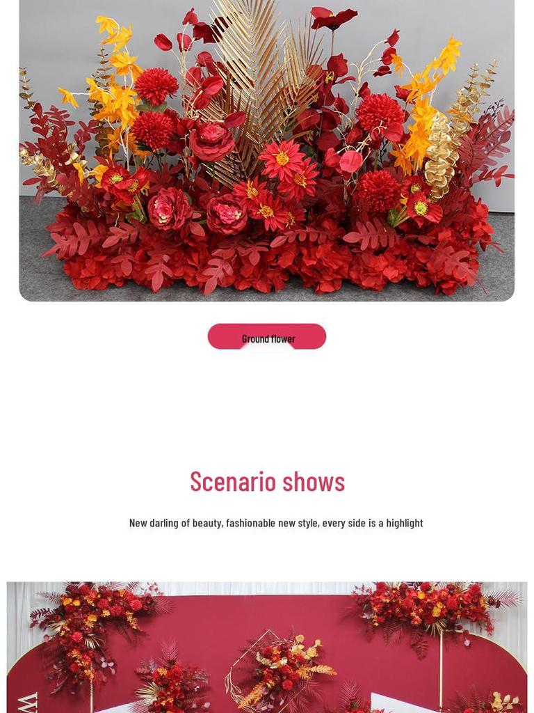 Red Theme Wedding Decoration Set: T-stage, Welcome Area, Ground Row, Aisle, and Flowers in Chinese Style.