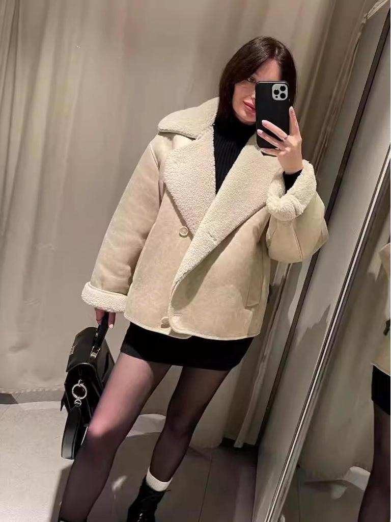 2024 Autumn/Winter Plus Size Suede & Velvet Women's Jacket with Turn-Down Collar