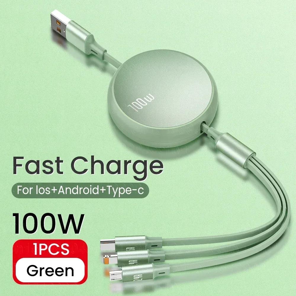3 in1 Fast USB Cable 6A 100W Data Cable Retractable Portable Charging Line Micro USB Type C Charger Cable For Iphine / Samsung