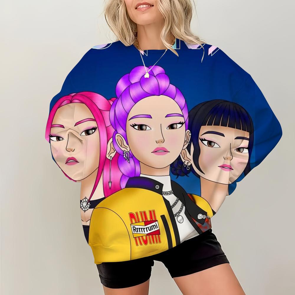 Simple Womens Pullovers KPop Demon Hunters Print Loose Sweatshirts Soft Female Clothing