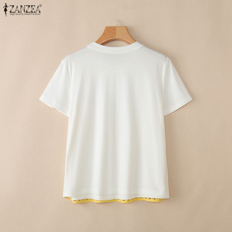 ZANZEA Women Casual Round Neck Mesh Patchwork Loose Short Sleeve T-Shirts