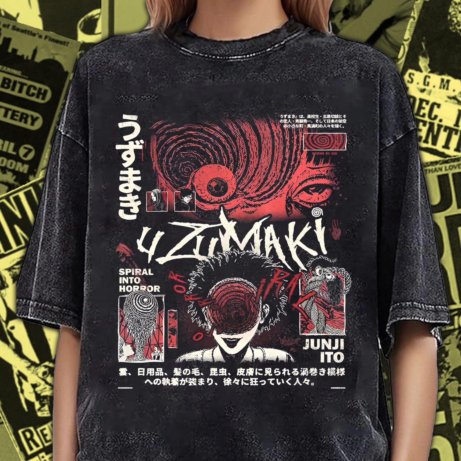 Vintage Washed Junji Ito Uzumaki T-Shirt: Japanese Horror Manga Tee JI001 XL