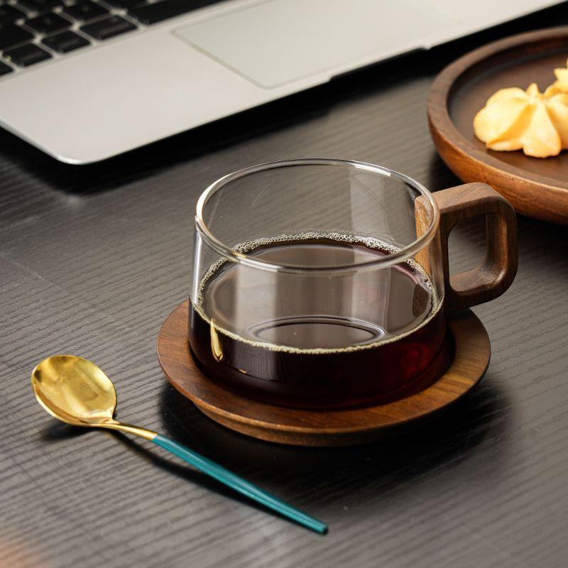 Japanese Transparent Glass and Wooden Coffee Cup and Saucer Afternoon Tea Dessert Tea Cup Large Capacity Office Tea Cup Decor