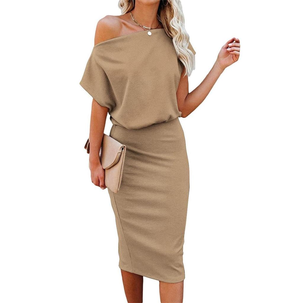 Women’s Off Shoulder Ribbed Knit Midi Dress Casual Loose Fit Short Sleeve Elegant Solid Pattern