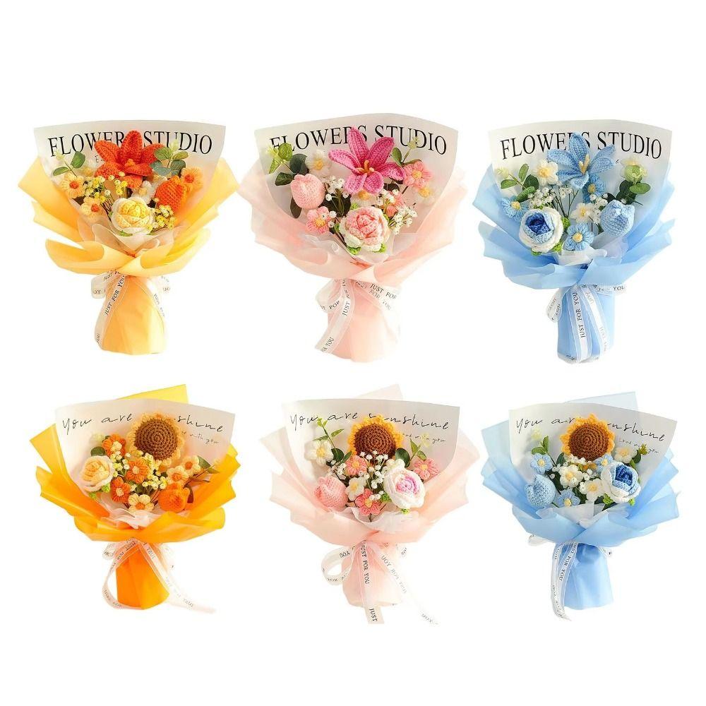 New Cotton Crochet Bouquet Sunflower Rose Woven Knitted Flower DIY Handmade Artificial Handmade Woven Bouquet Mother's Day Gift