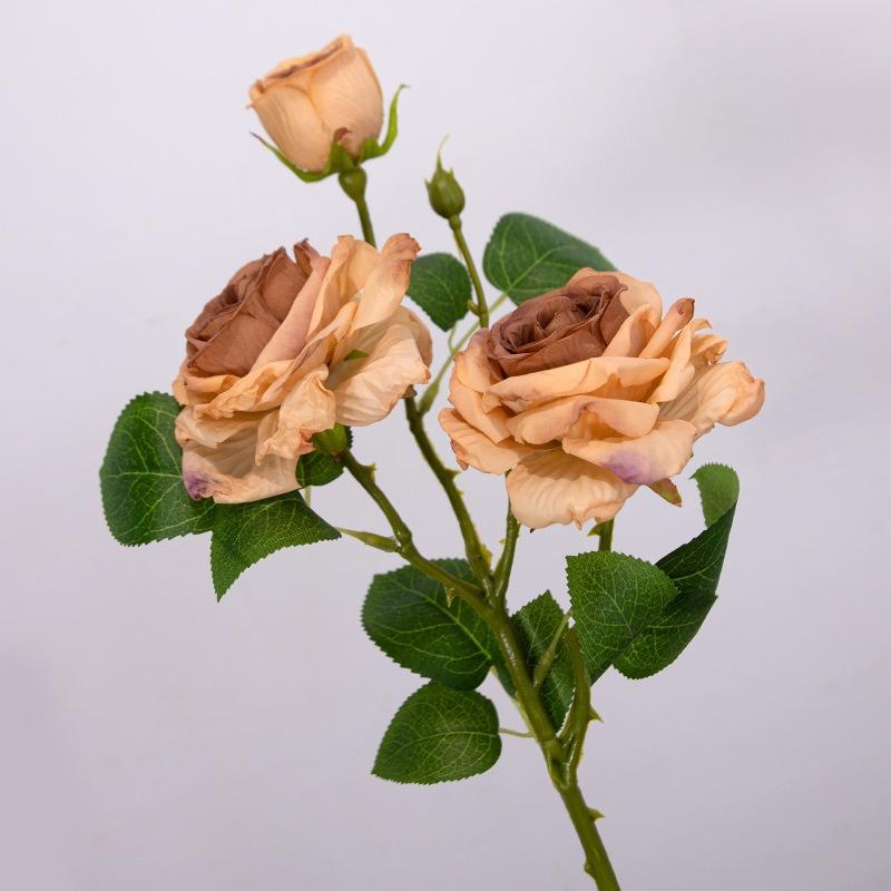Artificial Flower 3-head Burnt Rose, Home Living Room Decoration Flower, Wedding Retro Autumn Color Multi-head Artificial Flower