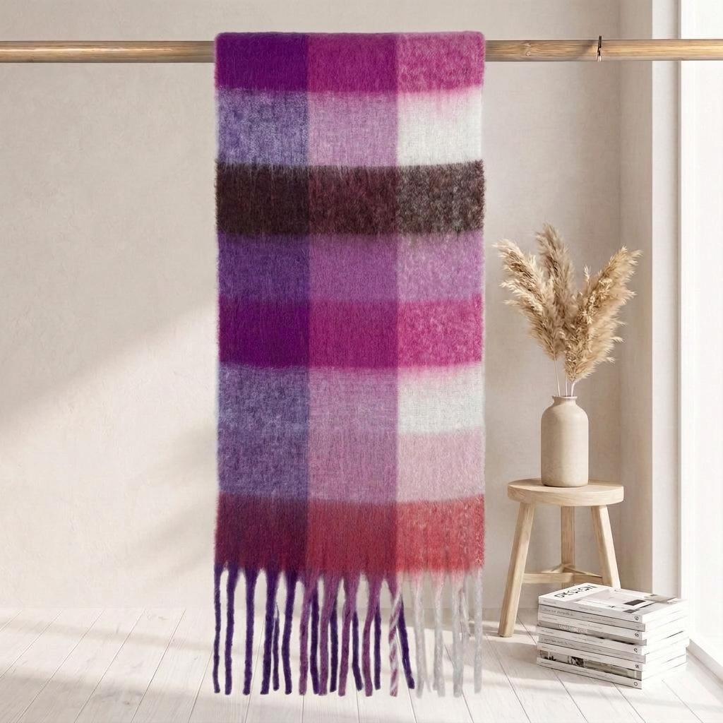 Women's High-Grade Colorful Plaid Mohair Scarf - Thick, Warm, and Versatile for Winter
