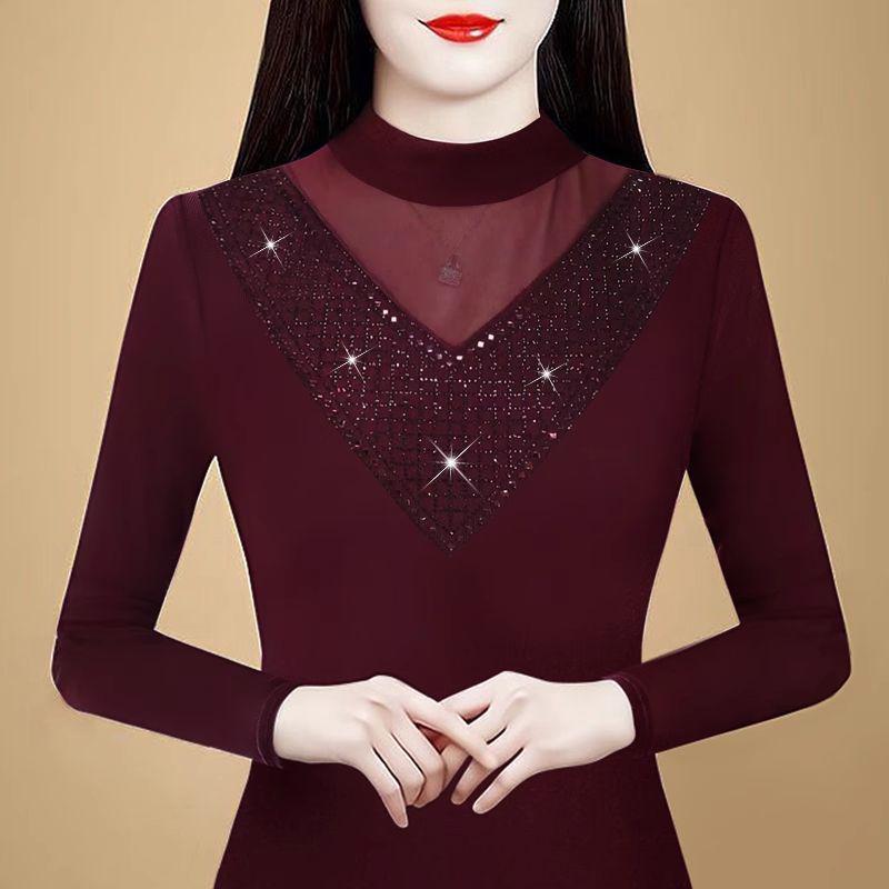 

2024 Autumn/Winter Lace Rhinestone Embellished Trendy Hollow Out Blouse M