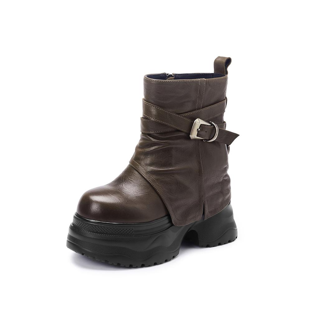 Botas Martin de cuero genuino de 12 cm, suela gruesa, para muffins, otoño e invierno 2025, botas de pantalón con hebilla de cinturón retro, botas cortas pequeñas para aumentar la altura