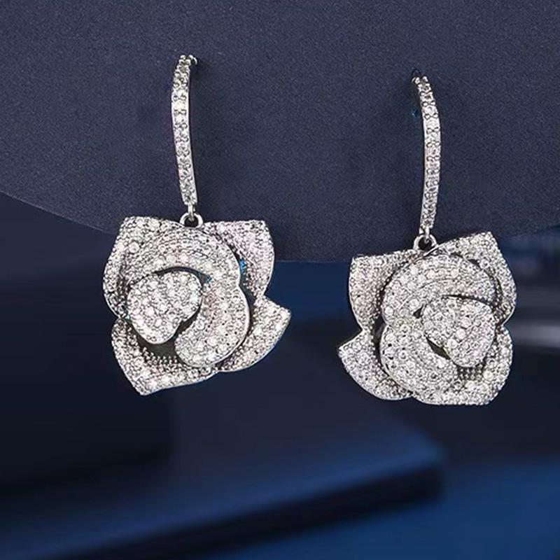 

European & American Fashion Zircon Camellia Rose Earrings for Evening Dress