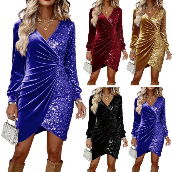 Dámské sametové mini šaty s flitry a zavinovacím efektem, dlouhý rukáv, výstřih do V, řasené, přiléhavé, třpytivé, na párty, koktejl, do klubu