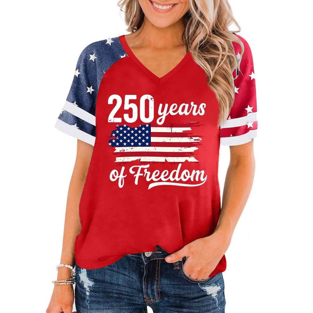 T-shirt Pull Manches Courtes Col en V Décontracté pour Femme avec Impression Graphique Jour de l'Indépendance Coupe Ample Top d'Été