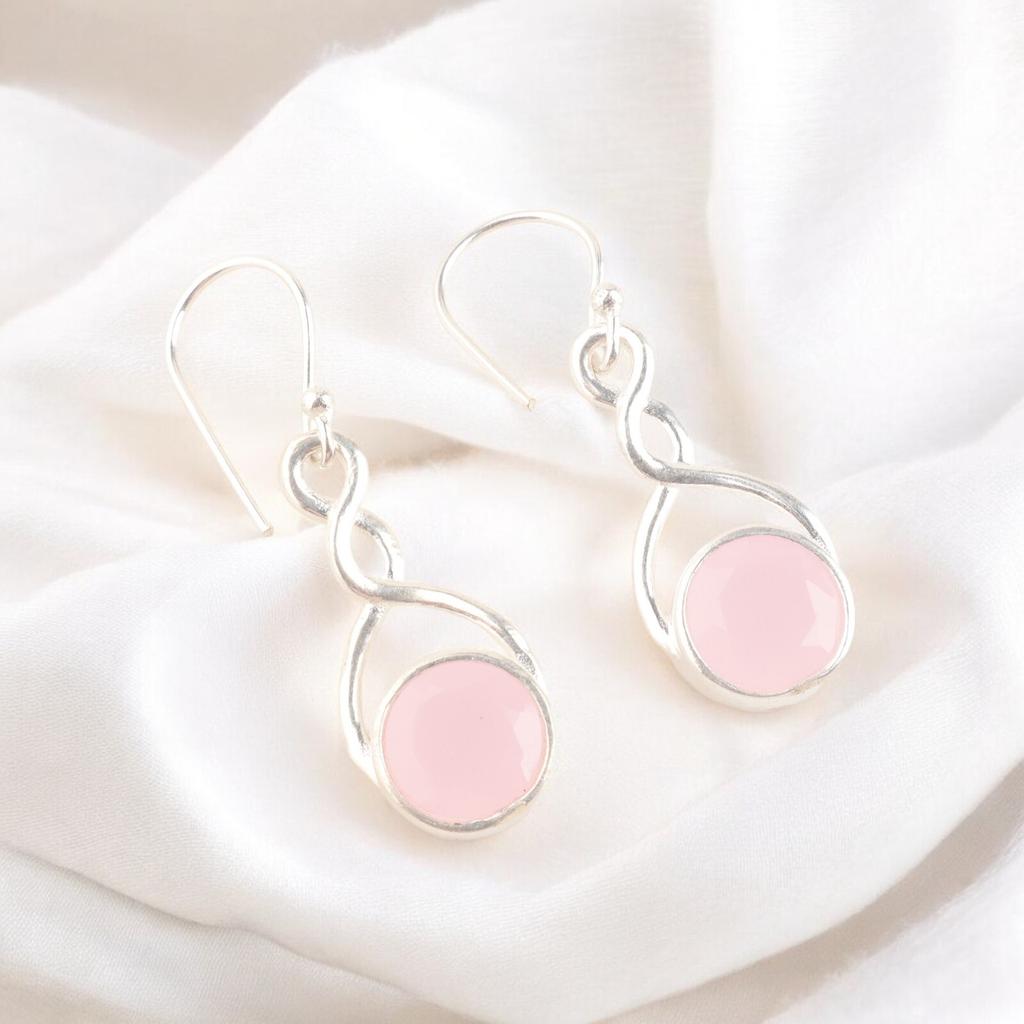 Boucles d'oreilles Bijoux Uniques en Argent Sterling 925 Pierre Gemme Calcédoine Rose Attrayante CE-15-13