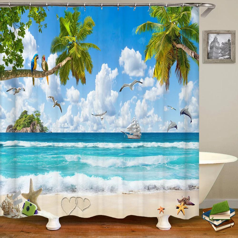 Beach Shower Curtain Waterproof Home Decoration Curtain 3D Palm Tree Seaside Beach Landscape Printed With Hooks Bathroom Curtain