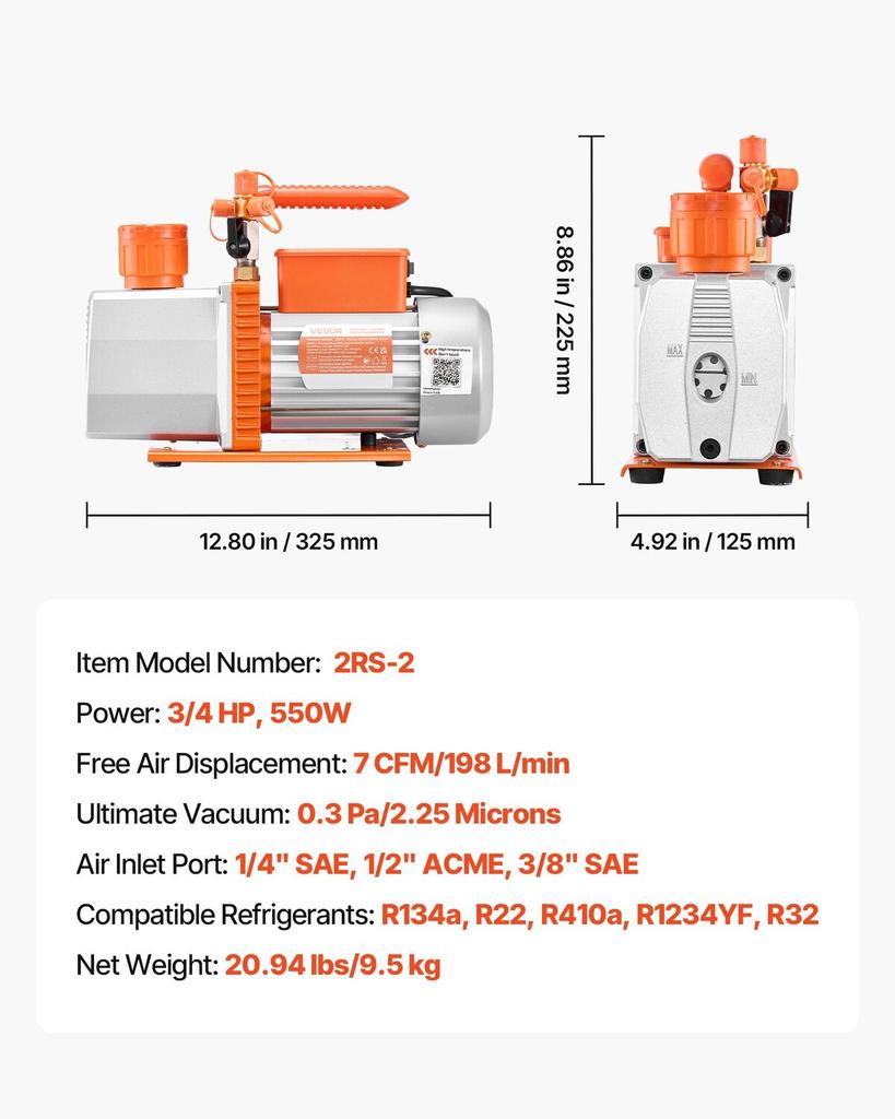 Vakuumpumpe, 7 CFM 198 L/min, HVAC Zweistufige Drehschieber-Klimaanlagen-Vakuumpumpe, für R134a R22 R410a R1234YF R32, 4-poliger Motor, für Kfz-Klimaanlagen