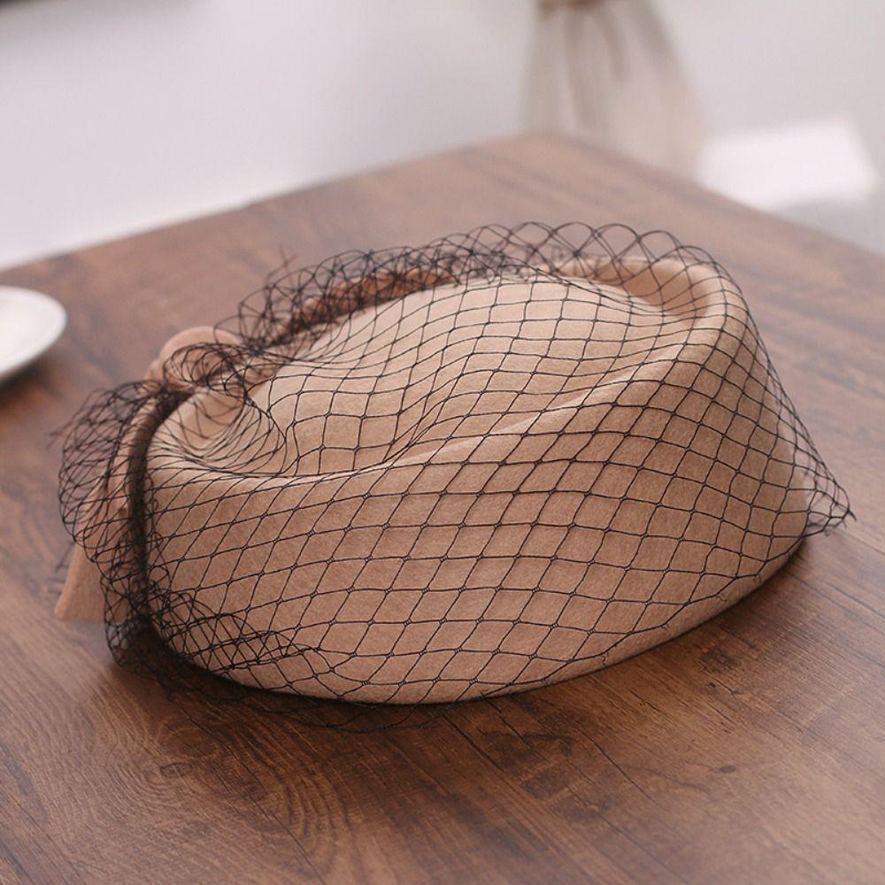 Flower Mesh Topper Hat Solid Color Woolen Beret Woolen Top Hat Formal Hat Performances