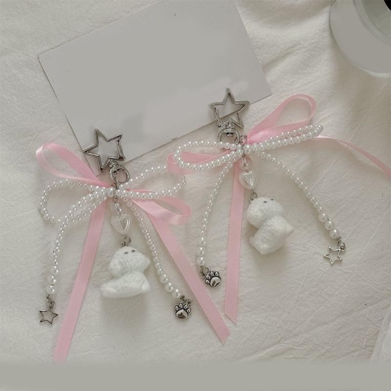 Fashionable Faux Pearls Bowtie Charm Stylish Bowknot Ribbon Keychain Bag Ornament Jewelry for Purses and Accessories