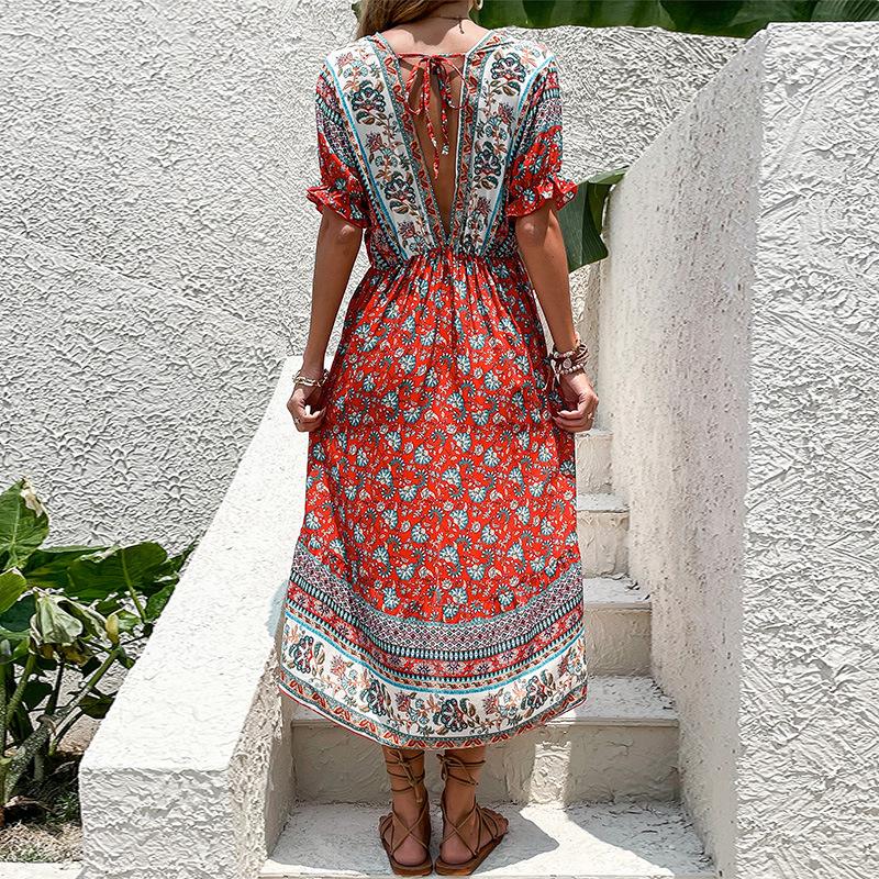 New summer vacation medium and long slim ethnic style print irregular dress