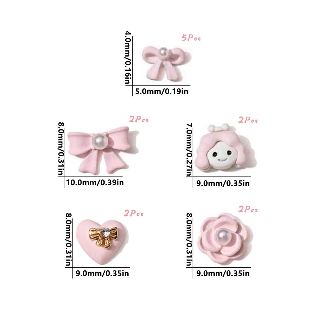 Cartoon Rose Pink Pearl Heart Bow Nail Accessories with Rhinestones