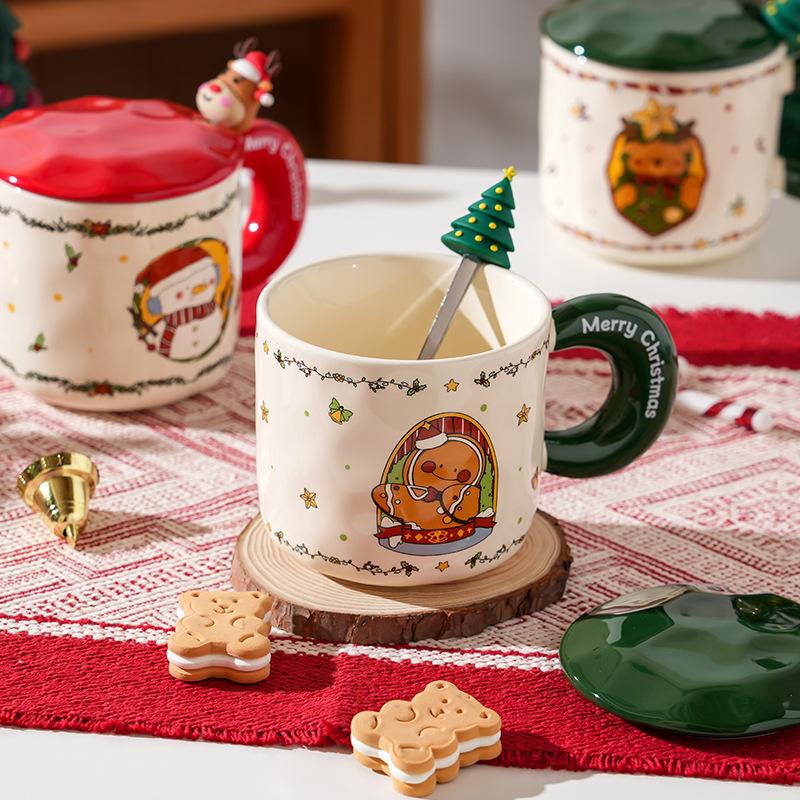 Creative Christmas Ceramic Cup With Lid Household Cute Couple Water Cup High Value Gift Souvenir