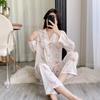 2026 Spring Cartoon Print Chiffon Pajama Set for Women, Cardigan Long Sleeve & Long Pants Home Wear Set