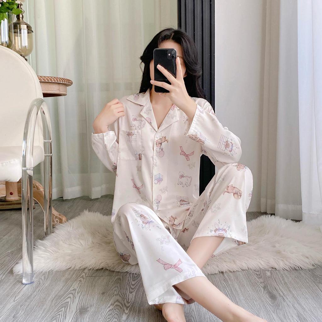 2026 Spring Cartoon Print Chiffon Pajama Set for Women, Cardigan Long Sleeve & Long Pants Home Wear Set