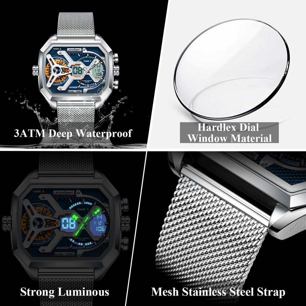 POEDAGAR Luxury Men's Quartz Watches Stainless Steel Mesh LED Waterproof Date Week Man Watch Fashion Sports Electronic Men Clock