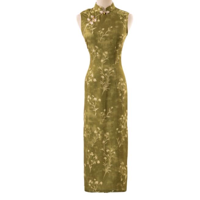 Retro green 1 cheongsam women's stand-up collar jacquard sleeveless long classic slim new Chinese style dress