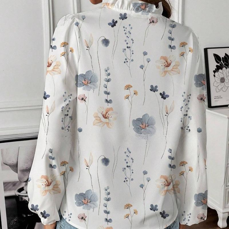 Móda Vintage Květinová Volná Košile s Dlouhým Rukávem Dámská Volánkový V-výstřih Potisk Ležérní Halenky pro Ženy Elegantní Slim Fit Jednoduché Košile pro Kancelářské Dámy 26502