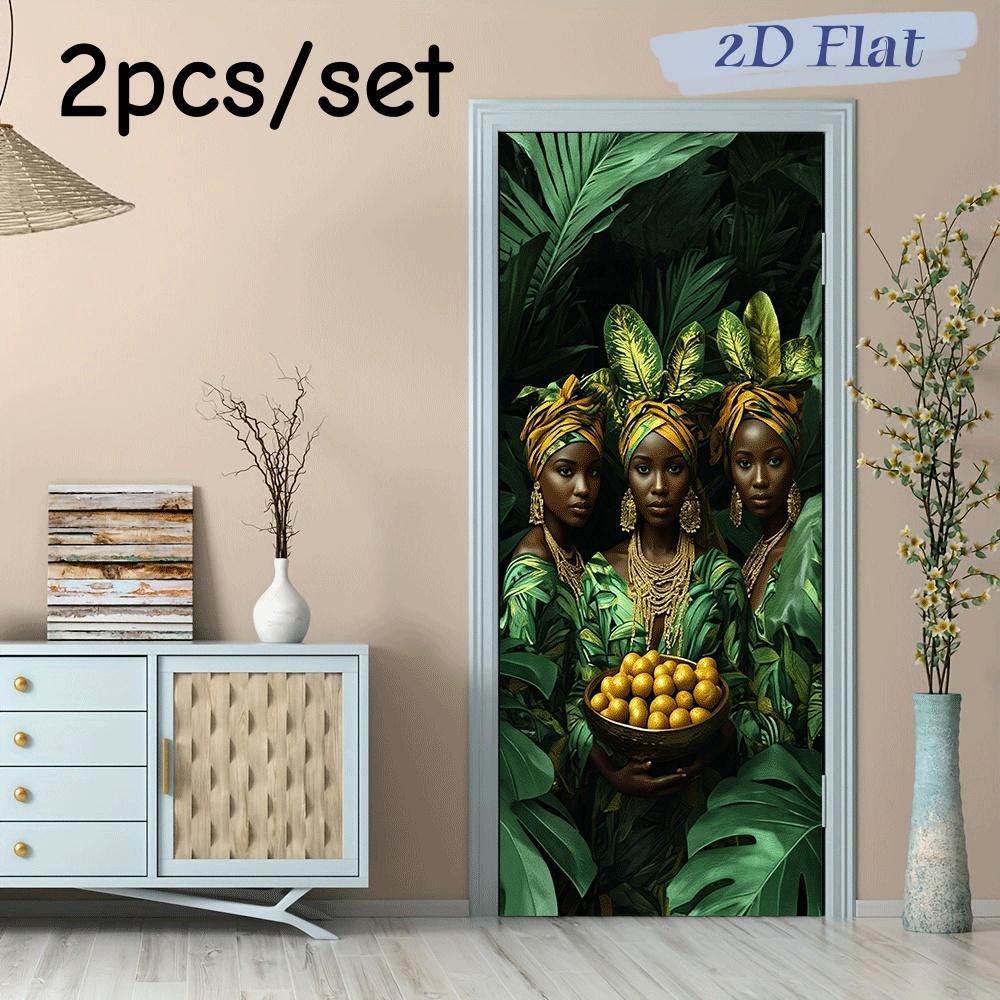 

2pcs African style art wall stickers, tropical plants and traditional clothing, character decoration stickers, living room, bedr (as the picture,38.5x200cmx2)