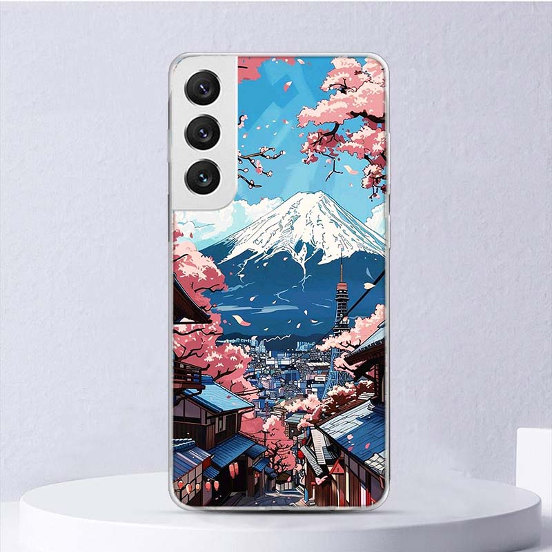 Japanese Cherry Mount Fuji Soft Case For Samsung Galaxy S25 S24 S23 S22 Ultra Phone Cover S20 FE S21 Plus S25 Edge + Funda Coque