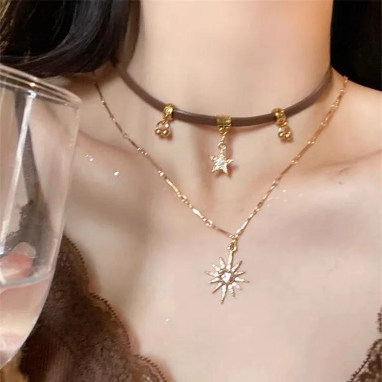 Punk Star Pentagram Necklace for Women Fashion Inlaid Rhinestone Tassels Choker Black Rope Necklace Y2K Style Accessories Gifts