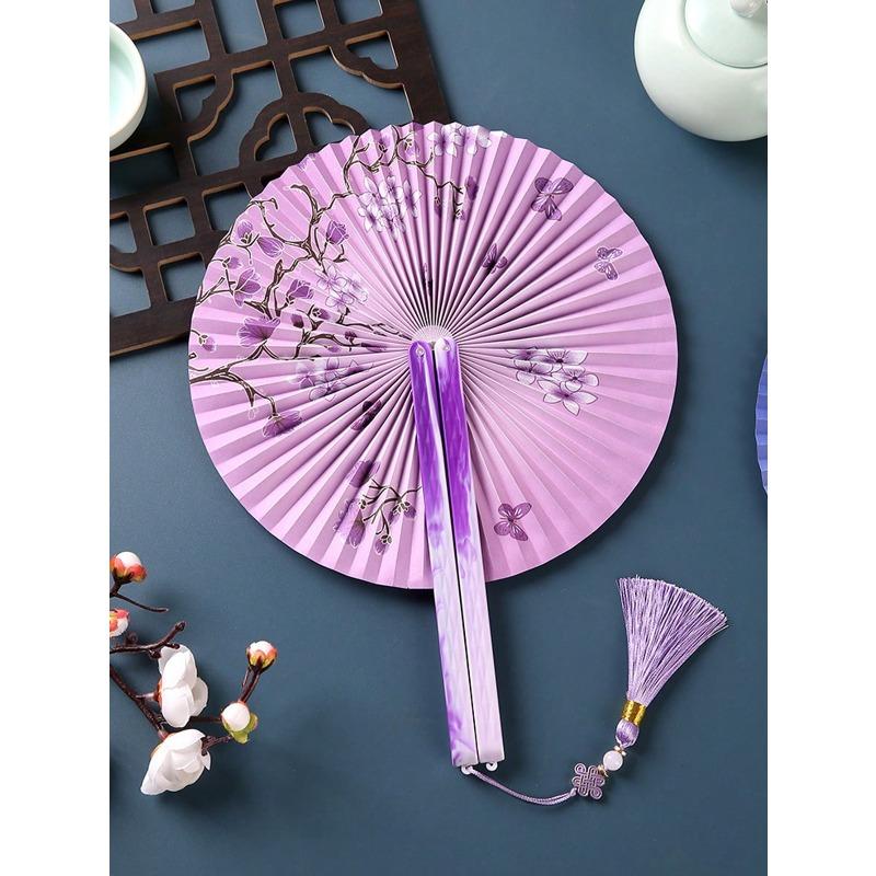 Chinese Folding Paper Fan with Tassels - Traditional Floral Design, Lightweight Plastic Portable Fan for Women, Hanfu, Home Decor, Cultural Gift