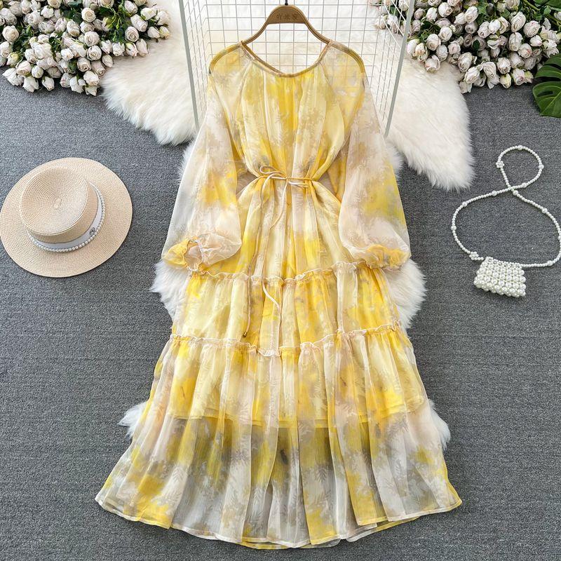 Gentle Long Sleeves Tie Dye Wide Hem Printed Dress