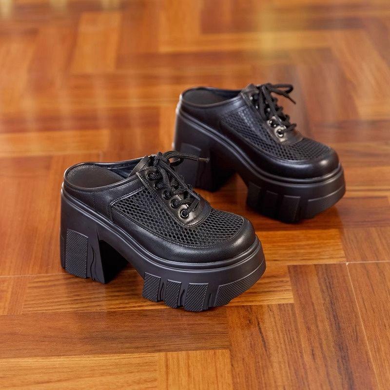 

Height-increasing heel bag head slippers women s outer wear 2025 new muffin thick bottom half-drag mesh yarn hollow breathable sandals 39 чёрный