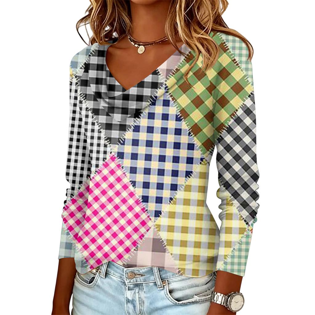 Ladies' Plaid Printed Casual and Fashionable Long Sleeved Pullover Top