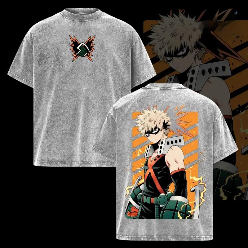 My Hero Academia Bakugou Katsuki Print Tee Men Women Retro Washed T-shirts Cotton T Shirt Oversized Clothing Harajuku Tshirt