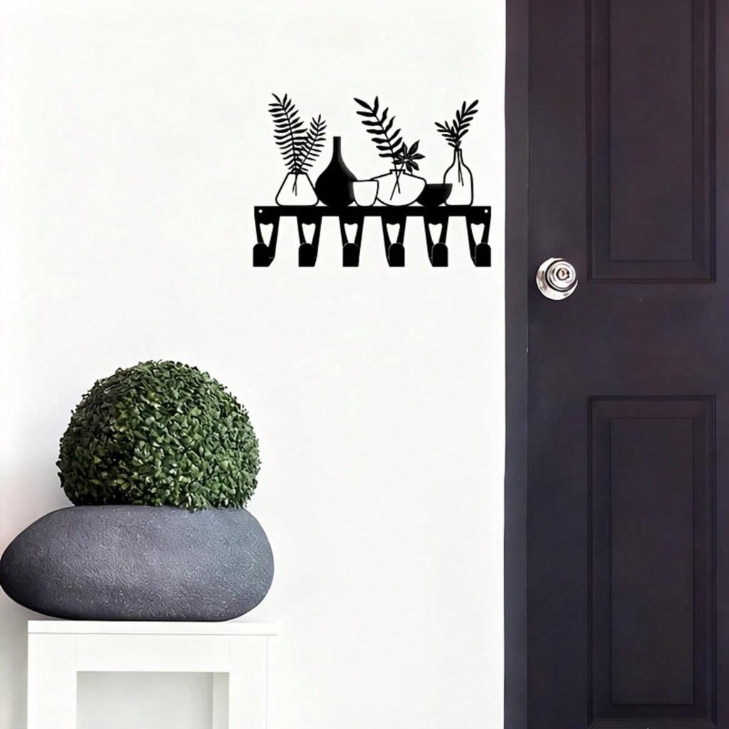 Nordic Style Metal Wall Decor with 6 Hooks for Keys, Vase and Plant Key Holder, Iron Craft for Entryway Bedroom, Natural Theme Gift