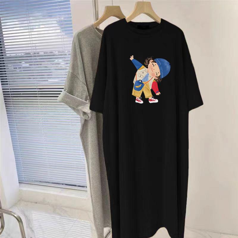 Large Size Women's Pure Cotton Short-sleeved T-shirt Dress, Summer Top, Fat Mm To Cover The Belly, Age Reduction and Thin Knee Dress