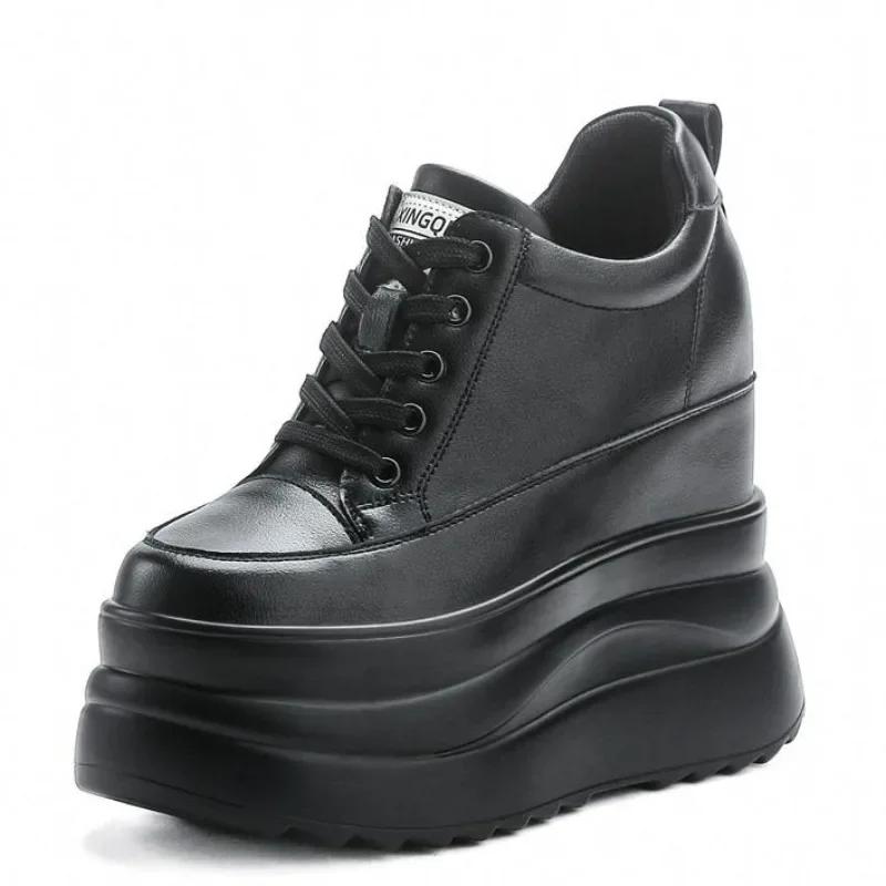 Top Quality 13cm Genuine Leather Platform Wedge Flats Shoes Chunky Sneaker Casual Comfy High Brand Spring Autumn Vulcanize Shoes
