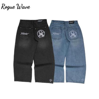 Marka Mody Ulicznej RogueWave Szerokie Dżinsy Y2K Hip-hop Retro Prosty Nadruk Luźne Gotyckie Harajuku Spodnie z Rogami Dżinsy z Dziurami