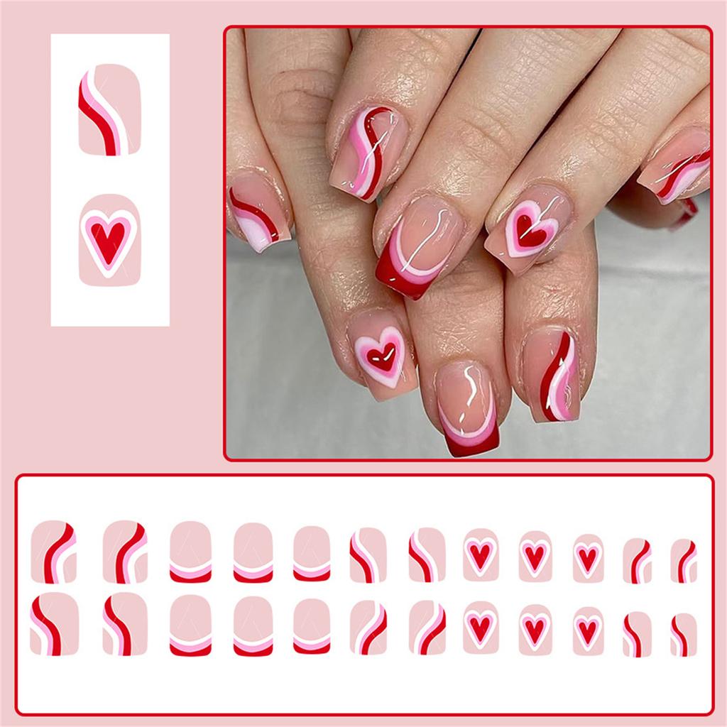 24 Pcs Valentines Day Press On Nail Short Square Festival False Nail Heart Stick On Nail French Tip Acrylic Nail