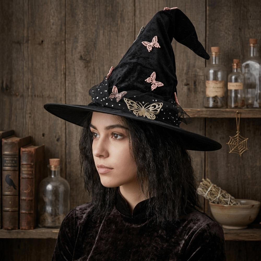 Mesh Halloween Witch Hat Black Halloween Black Cap Foldable Butterfly Wizard Cap  Masquerade