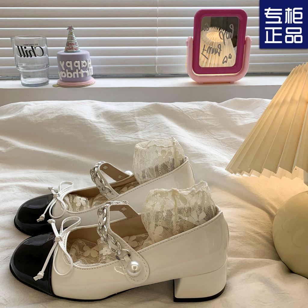 Pantofi Mary Jane cu toc mediu gros, cu vârf pătrat și fundă, noi de primăvară 2025, cu gură adâncă, stil franțuzesc de zână, cu parfum ușor, pantofi simpli pentru femei