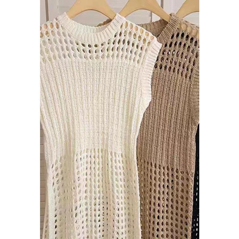 Summer Sleeveless O Neck Hollow Out Knitted Mesh Short Dress Women Fashion Loose Casual Holiday High Split Sexy Party Dresses Solid Thin Covers Up