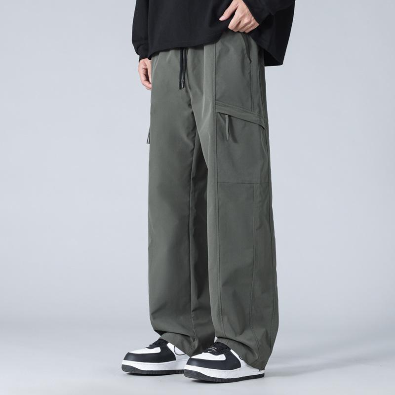 Men Cargo Drawstring Casual Pants Loose Wide Leg Elastic Waist Lightweight Outdoor Street Trousers