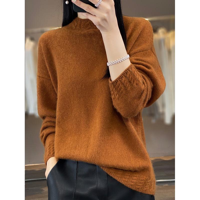 2025 Women's Korean Style Pure Wool Sweater - Half-High Collar, Warm, Loose Fit, Drop Shoulder Cashmere Knit.